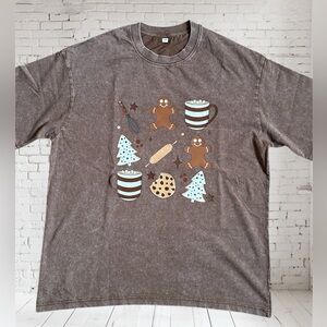 NEW Oversized Vintage Brown Graphic T-Shirt with Gingerbread Design